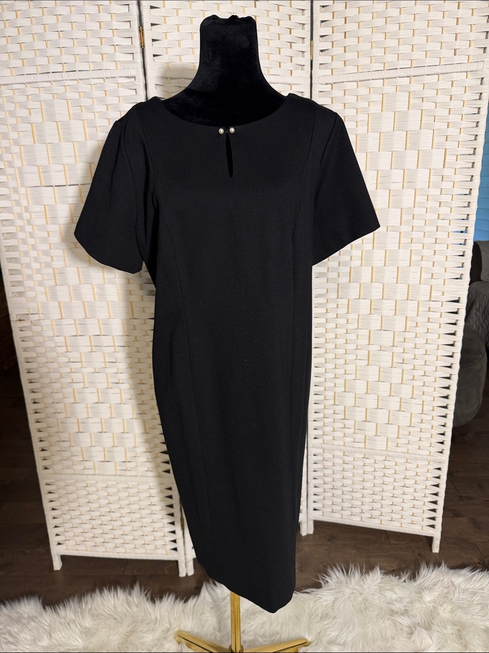 Talbots Black Short-Sleeve Sheath Dress with Pearl Accent